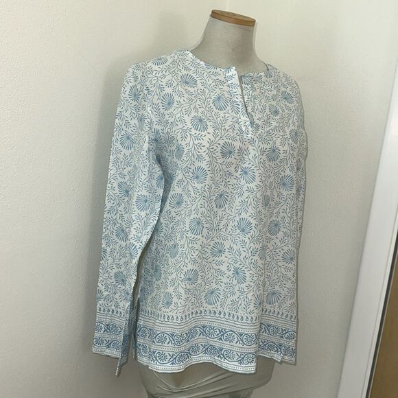 Pine Cone Hill Fine Linens cotton India blue white print tunic medium m - Picture 2 of 7